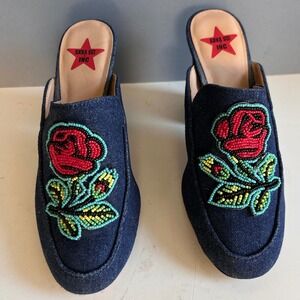 Anna Sui X INC Denim Flower Beaded Mule Heels Size 7 Late 90s Archive Rare Y2K